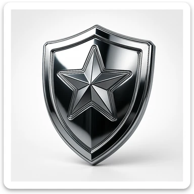 chrome style shield with a central star, dark mirror finish, sci-fi sticker