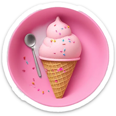 Pink ice cream in bowl with sprinkles and spoon on the side  sticker