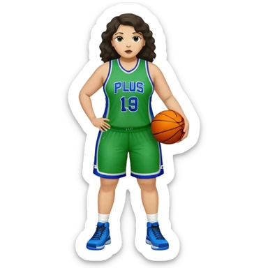 full body plus size light skin latino women basketball player with wavy dark hair large wide nose wearing blue with green  green uniform sticker
