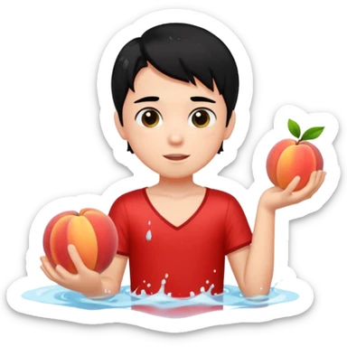 a peach splashing water in boy's mouth above his with black hair and red dress sticker