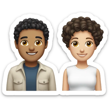 Hispanic male with black curly hair and brown eyes smiling next to white female with straight brown hair and hazel eyes sticker
