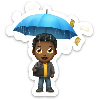 Boy holding umbrella cash raining down sticker