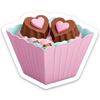 Two sharp-edged square milk chocolate pralines placed diagonally, each in a white fluted paper candy cup, with smooth glossy coating.
Flat thin pastel pink heart icing centered on top with subtle sugar crystal sparkle, clean studio lighting, pure white background, realistic minimal emoji-style. sticker