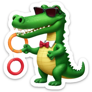A crocodile with hula hoop, sunglasses, and a bowtie sticker