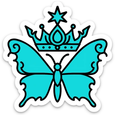 Keep the butterfly and crown design exactly as in the original, but make the main color a vibrant neon cyan. All gold details on the sides and crown must remain unchanged. Do not alter the shape or style, only the main color. Output must be PNG with transparent background, suitable for a Discord role icon. sticker