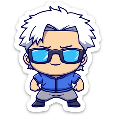 Satoru Gojo from Jujutsu Kaisen, white hair, dark sunglasses, confident smirk, blue eyes, chibi face proportions, energetic expression sticker