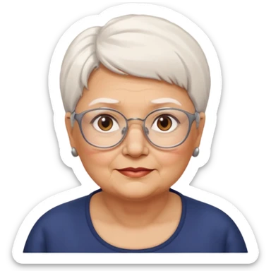 Create me emoji of an old mid-fat lady. Short white hair to left side. Square glasses. Brown eyes. Without any earings. Long head sticker