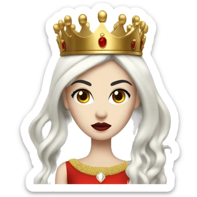 Queen with pale skin, long black hair, bright red lips, skinny gold crown, white dress, and evil stare.  sticker