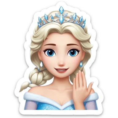 Cinematic Elegant Elsa Portrait Emoji, Standing gracefully with snowflakes forming in her hands, a soft yet confident smile, frosty shimmer surrounding her, a queen in perfect icy splendor! sticker