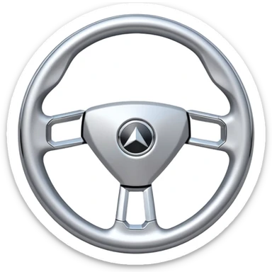 A futuristic steering wheel emoji made of silver chrome, minimal geometric design, smooth metallic surface, soft reflections, iOS emoji style, centered, clean white background sticker
