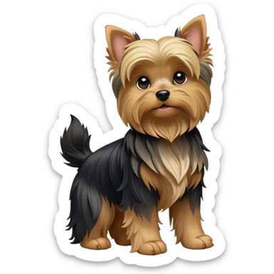 cinematic-[yorkshire terrier]-realistic-full-body-sitting-emoji,-tail-resting-loosely-beside-its-paws,-head-tilted-dramatically,-wavy-[black and tan-fur,-simplified-yet-realistic-focused-features,-highly-detailed,-glowing-with-an-almost-sarcastic-glow sticker