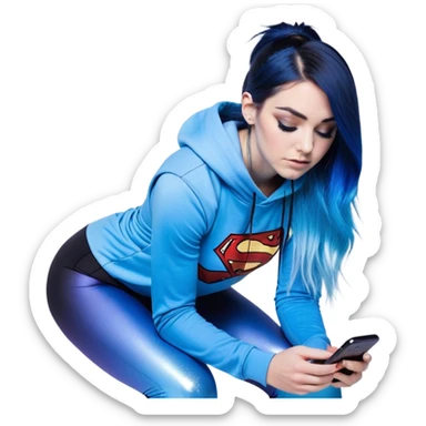 Disapponted-big tears-head back texting on phone-very very large upper body-sexy face-bending forward at waist-very long very straight dark blue to light blue ombre hair-and-blue eyes-thick black eyeliner-goat hoodie-iridescent blue lowcut tanktop with black leggings with glitter superman logo sticker