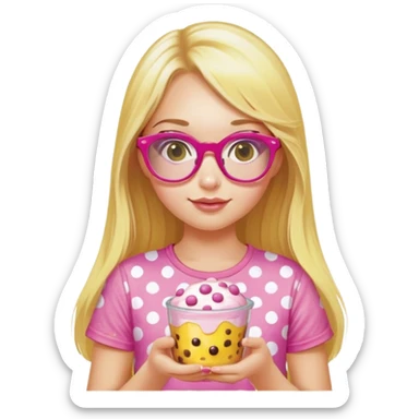 a girl with long lashes, long blonde hair, wearing pink glasses, wearing yellow polka dot t-shirt, holding a pudding sticker