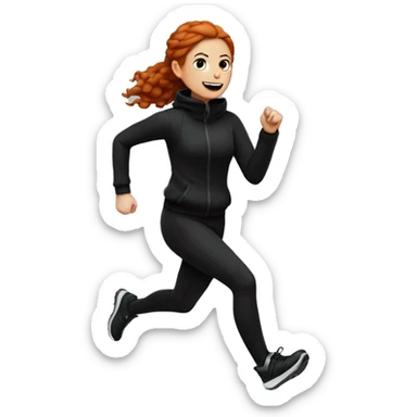 Redhead girl running in winter in all black outfit and white heatphones sticker