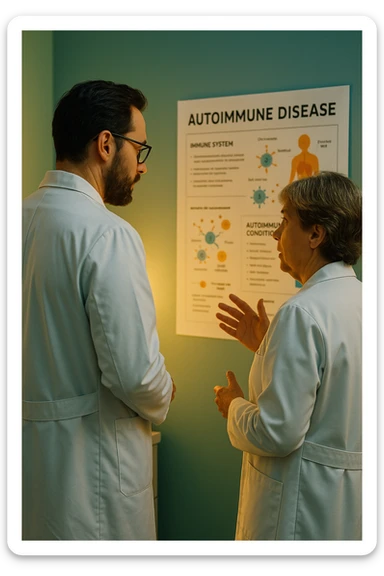 Realistic, detailed photo taken from behind of two doctors—a bearded man and a middle-aged woman—standing and facing each other as they discuss an autoimmune disease diagnosis in front of a medical chart that displays information about the immune system and autoimmune conditions. The scene is illuminated by a yellowish, orange, warm light that softly envelops the doctors. The entire room is bathed in a single green-blue color, creating a cohesive and modern atmosphere. Both doctors wear white coats, and their body language suggests a serious, professional conversation about the complexities of autoimmune diseases. Shot with a Canon EOS R5, with high detail and natural depth of field. in italiano sticker