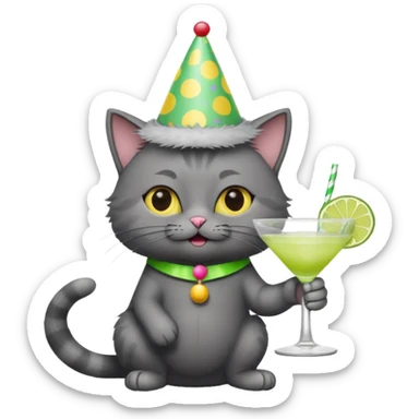 A dark grey cat is wearing a party hat, and drinking a margarita. sticker
