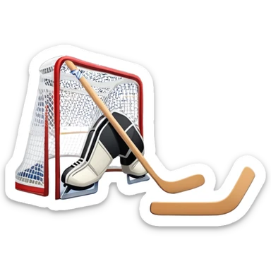 An icon showing a close-up of a hockey stick, puck, skates, and hockey net placed on the ice. The background features a packed stadium with bright lights, cheering fans, and snowy scenery outside. Transparent background highlights the key elements of the game. sticker