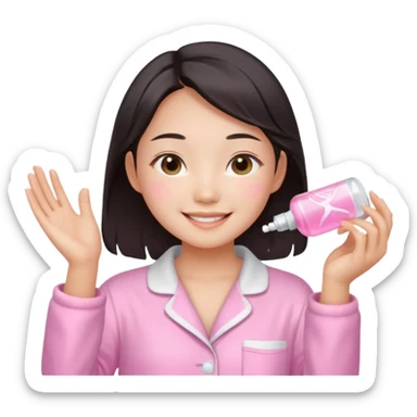 angelic asian girl doing skin care in pink pajamas, smiling with glowing skin sticker
