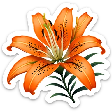 Japanese style tiger lily (oniyuri) flower in ukiyo-e inspired design, bright orange petals with distinctive black spots, curved-back petals, traditional composition like in Japanese woodblock prints sticker