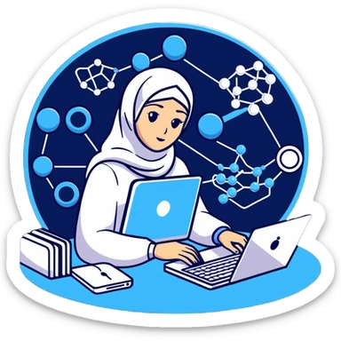 computer engineer with white hijab in blue clothes, surrounded by next-gen holographic displays showing 3D molecular structures, advanced algorithm visualizations, futuristic UI, quantum computing elements, digital brain patterns sticker