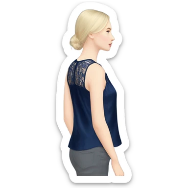 Realistic isolated side view of a navy blue lace silk camisole blouse. sticker