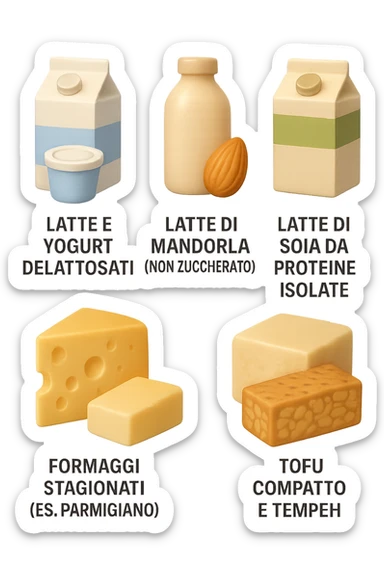emoji stile iphone 3d di questi elementi che fluttuano in aria:

Latte e yogurt delattosati
Latte di mandorla (non zuccherato)
Latte di soia da proteine isolate
Formaggi stagionati (es. parmigiano)
Tofu compatto e tempeh
 che fluttuano in aria,  le etichette scrivile in italiano, iperealistico 4k sticker