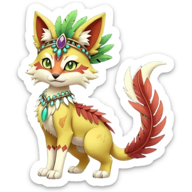 Kawaii cute reddish orangish yellowish greenish purplish exotic tribal beautiful pretty elegant divine edgy feline-vernid-sergal-Fakémon-Pokémon-Digimon-fursona-animal-creature with bracelet, necklace, full body, with intricate detailed markings, feather headdress  sticker