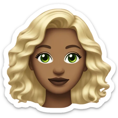 A strong woman with bright green eyes, wavy medium length, asymmetrical, blonde hair and soft pink lips ￼ sticker