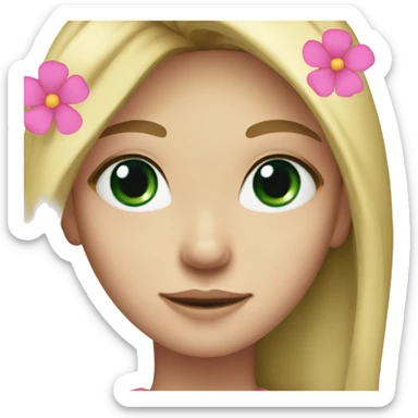 Young woman, long blond straight hair, dark green eyes and a pink flower in her hair  sticker