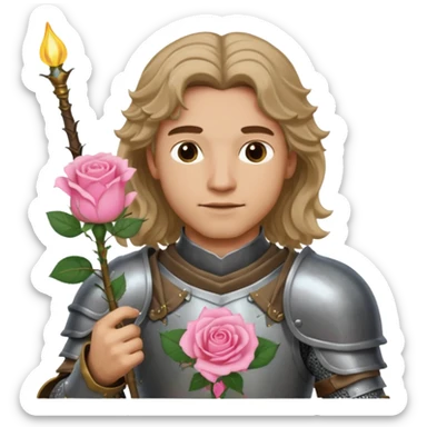 A male knight in armor with long wavy dark blonde hair and light skin tone holding a light pink rose  sticker