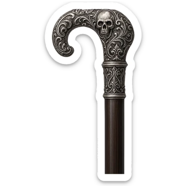 ornate cane in aristocrat goth style, silver handle, dark wood, intricate details sticker