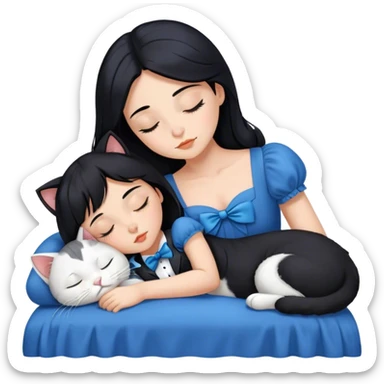 Beautiful black haired girl. Sleeping. Wearing a blue dress. Tuxedo cat sleeping next to her.  sticker