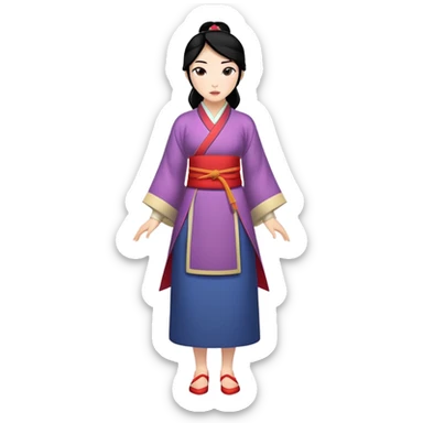 Mulan from hips up, traditional Chinese outfit, black hair, minimal style, larger size sticker