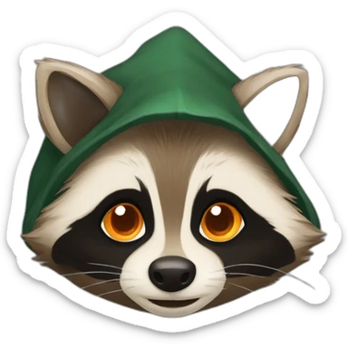 brown raccoon with orange eyes and a dark green hood that is smiling sticker