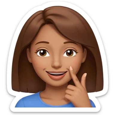 una mujer con un dedo en boca sonriendo y lps ojos en forma medio cerrados creando una curva de sonrisa pelo castaño sticker