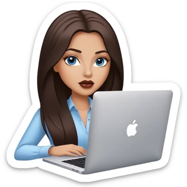 Glamours tanned very beautiful girl with pump mocha rose lips and dark chocolate straight smooth long hair, blue-grey eyes with MacBook sticker