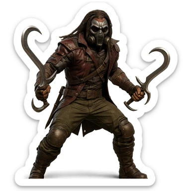 Kabal from Mortal Kombat, masked fighter with dual hookswords, menacing pose, detailed costume, video game character sticker