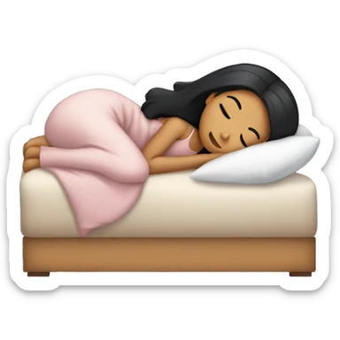 Girl with black straight hair sleeping cozy in bed sticker