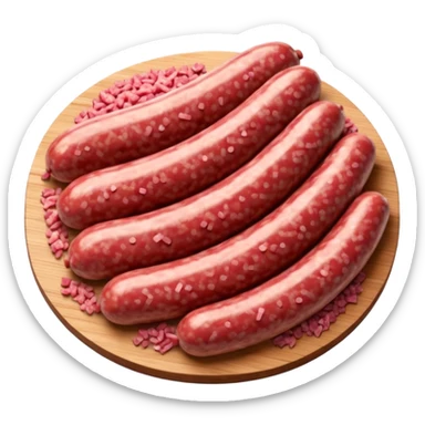mound of raw sausage meat, coarsely ground, pinkish-red with white fat flecks, moist uneven texture, natural color variation, artisanal look, soft lighting, subtle shadows, no casing, no bowl, no tools, no faces, transparent background, emoji scale sticker