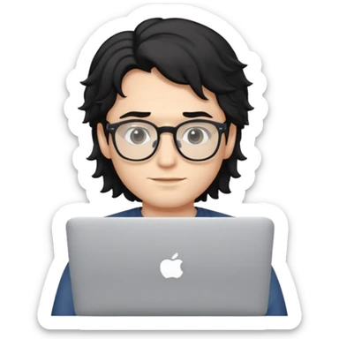 guy with wavy black hair and skin tone a little bit white and glasses, with a macbook sticker