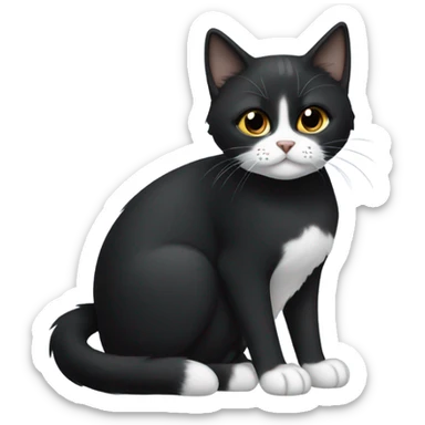 Small short-haired black-furred cat sitting with white patch on underside only sticker