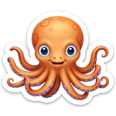 Cinematic Cute smiling Octopus Portrait Emoji, Head tilted playfully and inquisitively, featuring a rounded, light orange body embellished with playful blue rings, eight adorably curling arms, and big, twinkling eyes full of wonder, Simplified yet irresistibly adorable features, highly detailed, glowing with a warm, inviting underwater glow, high shine, affectionate and lively, stylized with a touch of whimsical cartoon charm, soft glowing outline, capturing the essence of a mischievous yet loving octopus that seems as if it could bob out of the screen into your arms! sticker