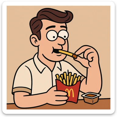 Side oil head brown hair white shirt beige shirts  eating mcdonalds fries some sauce sticker