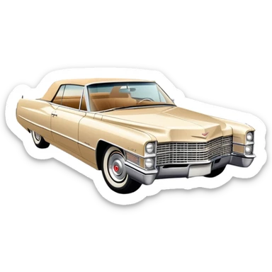 Elegant beige 1966 Cadillac DeVille with sharp details, consistent 30-degree perspective showing front and side, vintage luxury car styling, from Tarantino's Once Upon a Hollywood, iOS emoji style sticker