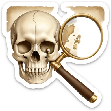 An icon featuring a human skull and fossils, representing anthropology. The design includes a magnifying glass and a map of ancient human migration paths, symbolizing the study of human evolution and cultures. Transparent background highlights the scientific exploration of humanity’s past. sticker