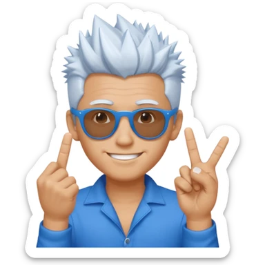 young man wearing, blue sunglasses, spikey white hair, one hand two finger crossed sticker
