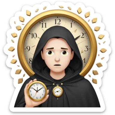 Character standing calm while clock fragments explode past, cloak barely moving sticker