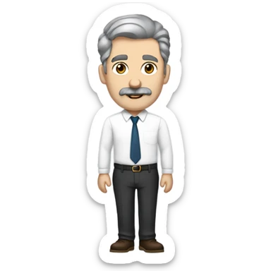  man with blue eyes, dark grey hair, a thick brown-grey mustache, wearing a white shirt, black dress pants, beige loafers, and an expensive watch sticker