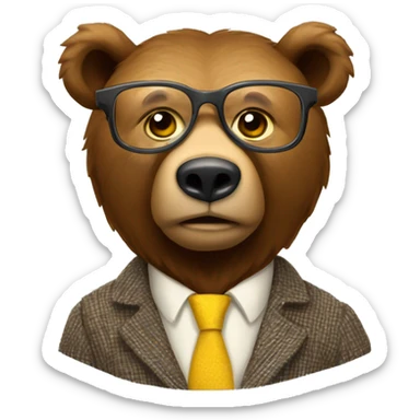 Brown bear animal as a university professor wearing tweed suit and clear yellow plastic thick-rimmed glasses sticker