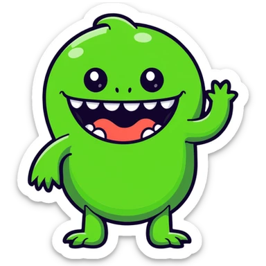 silly green monster, no teeth, wavy arms, friendly look sticker